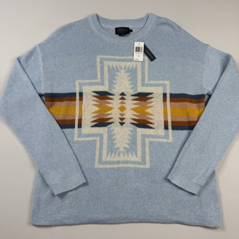 Pendleton Harding Graphic Sweater Women Medium‎ Blue Cotton Crewneck Aztec